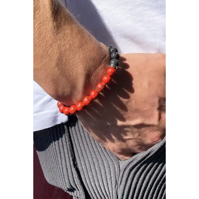 Siyah Ve Kırmızı Renk Boncuk Detaylı Erkek Bileklik