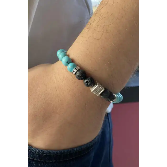 Siyah Ve Mavi Renk Boncuk Detaylı Erkek Bileklik