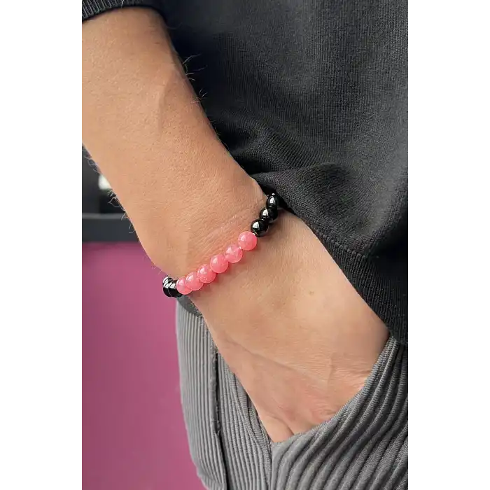 Siyah Ve Pembe Renk Boncuk Detaylı Erkek Bileklik
