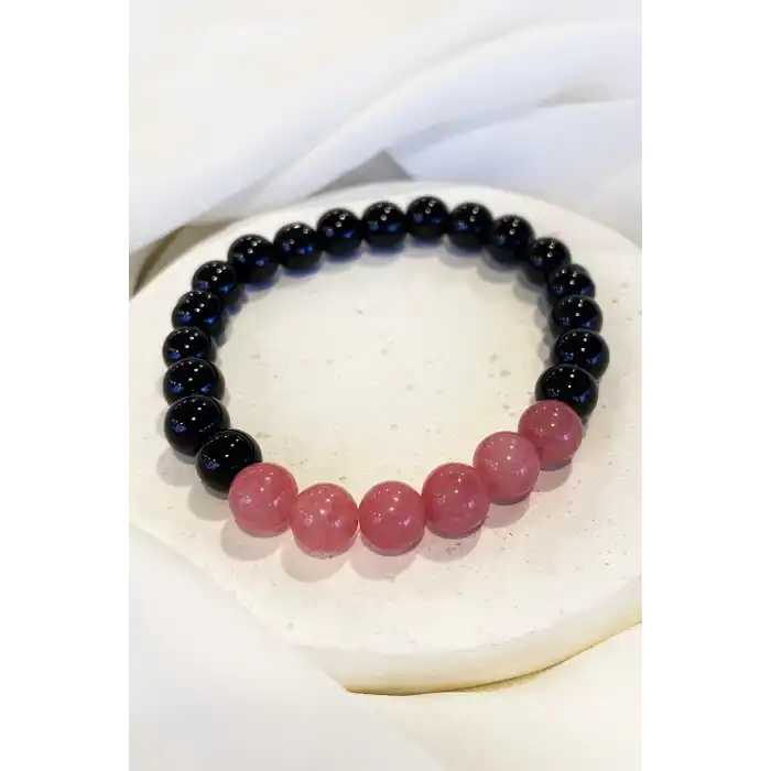 Siyah Ve Pembe Renk Boncuk Detaylı Erkek Bileklik