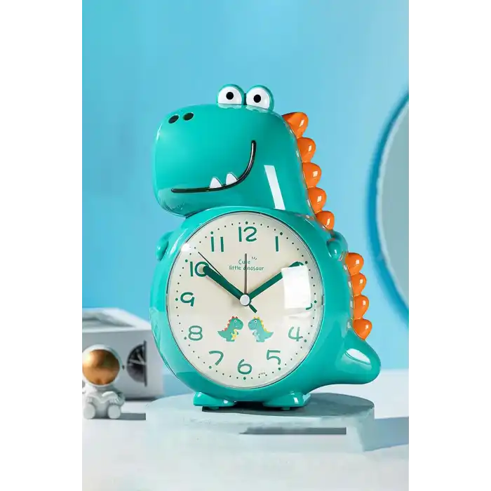 Su Yeşili Renk Dinazor Figürlü Dekoratif Alarmlı Masa Saati