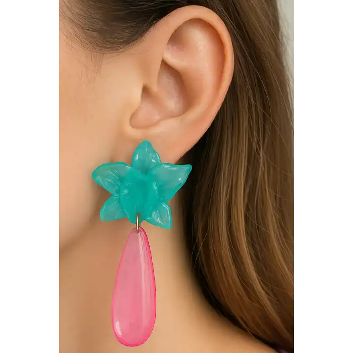 Turkuaz Ve Pembe Renk Çiçek Figürlü Tasarım Küpe (Çift)