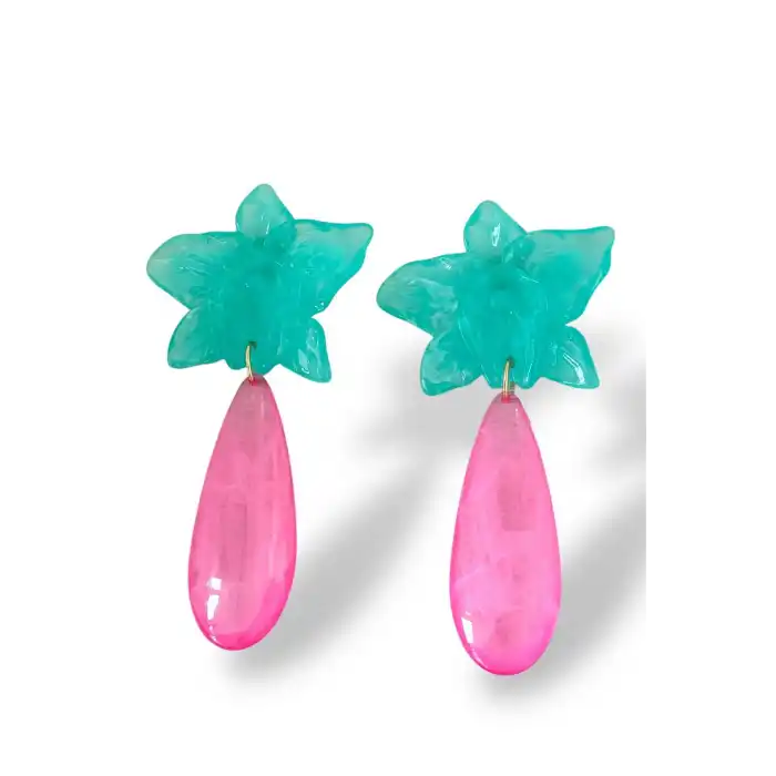 Turkuaz Ve Pembe Renk Çiçek Figürlü Tasarım Küpe (Çift)