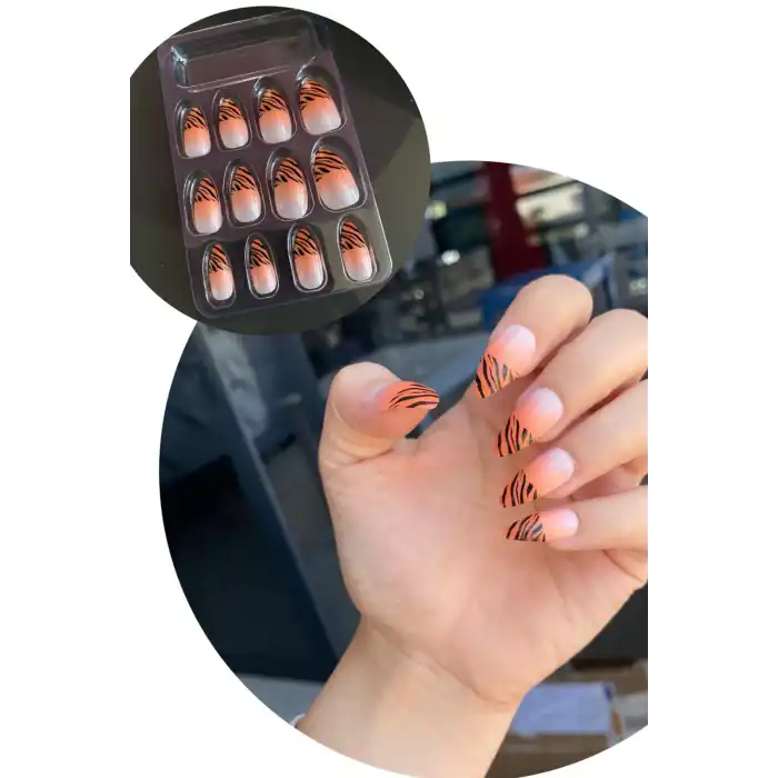 Turuncu Renk 12li Takma Tırnak (Yapıştırıcılı)