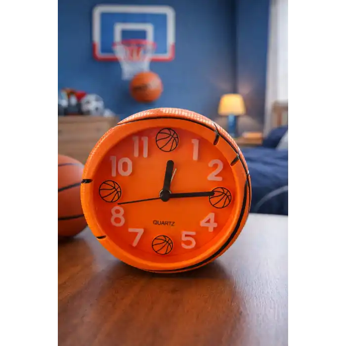 Turuncu Renk Basketbol Topu Figürlü Mini Dekoratif Alarmlı Yuvarlak Masa Saati