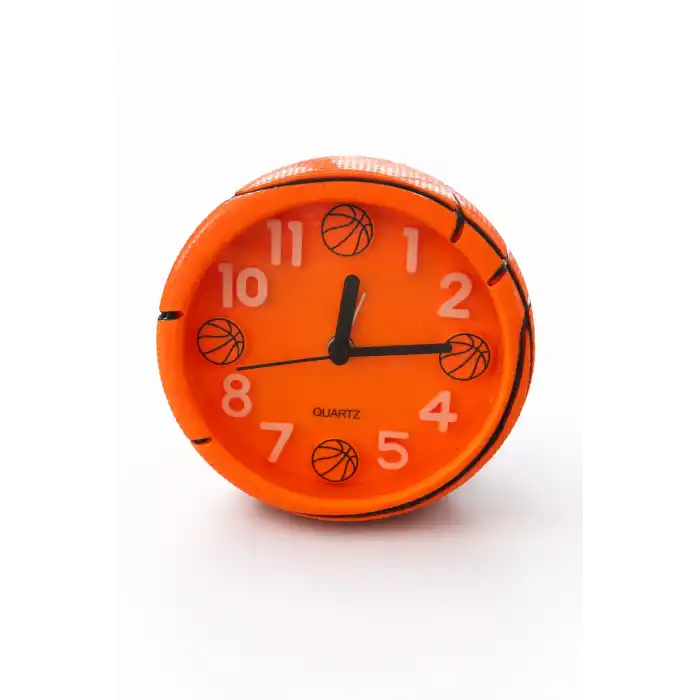 Turuncu Renk Basketbol Topu Figürlü Mini Dekoratif Alarmlı Yuvarlak Masa Saati