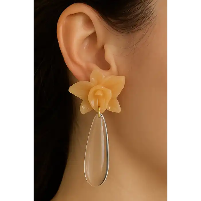 Turuncu Renk Çiçek Figürlü Tasarım Küpe (Çift)