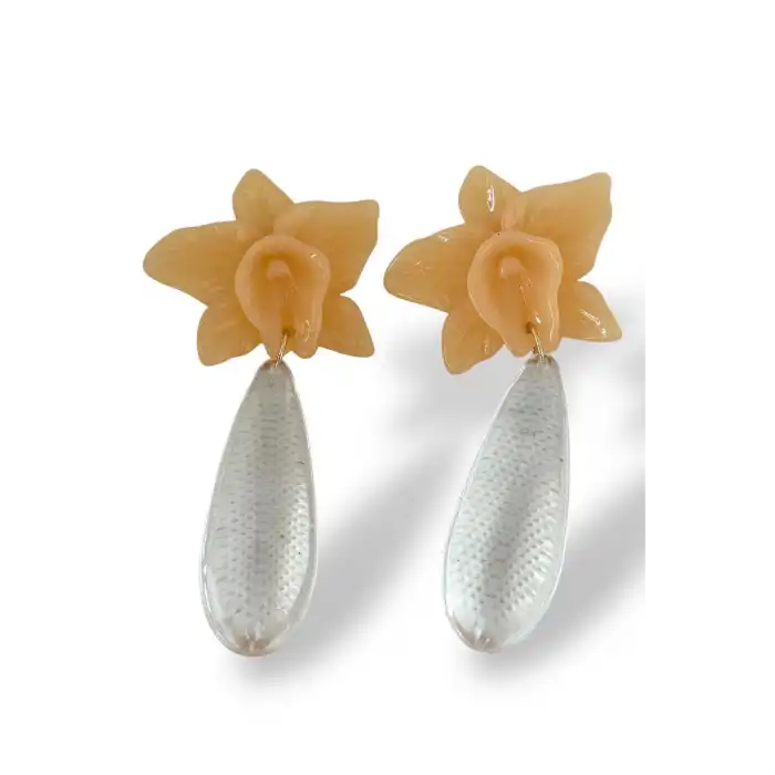 Turuncu Renk Çiçek Figürlü Tasarım Küpe (Çift)