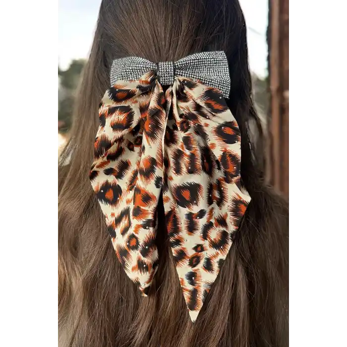 Turuncu Renk Leopar Desenli Taş Detaylı Otomat Toka