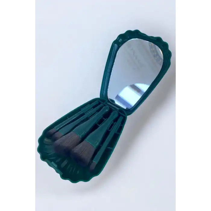 Yeşil Renk Deniz Kabuğu Figürlü Makyaj Fırçası/ Ayna Set