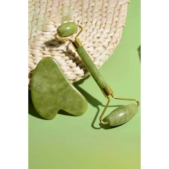 Yeşil Renk Doğal Taş Gua Sha ve Roller Yüz Masaj Taşı Seti