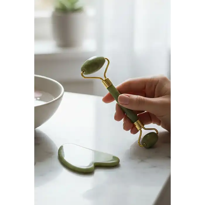 Yeşil Renk Doğal Taş Gua Sha ve Roller Yüz Masaj Taşı Seti