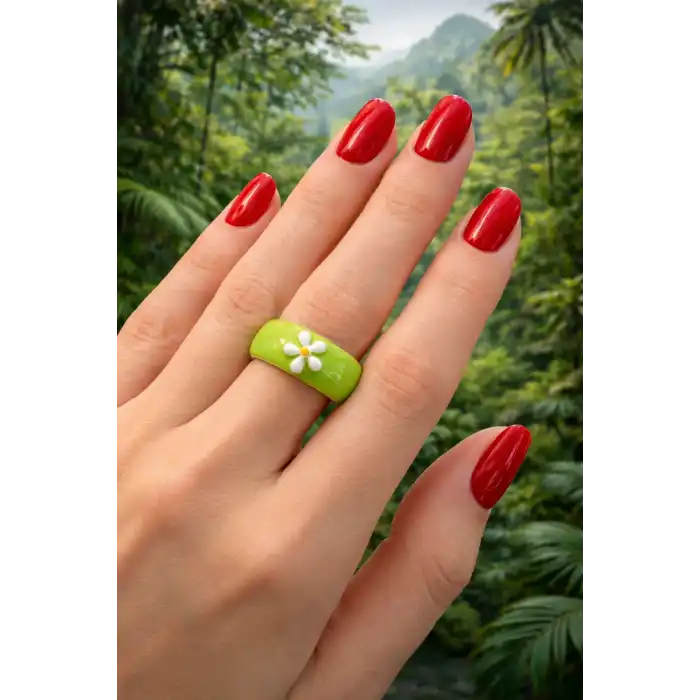 Yeşil Renk Papatya Detaylı Ayarlanabilir Yüzük