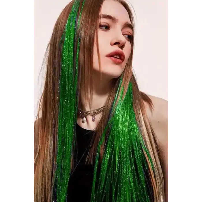 Yeşil Renk Simli Yan Postiş Hair Tinsel Shiny Hair (50 Cm)