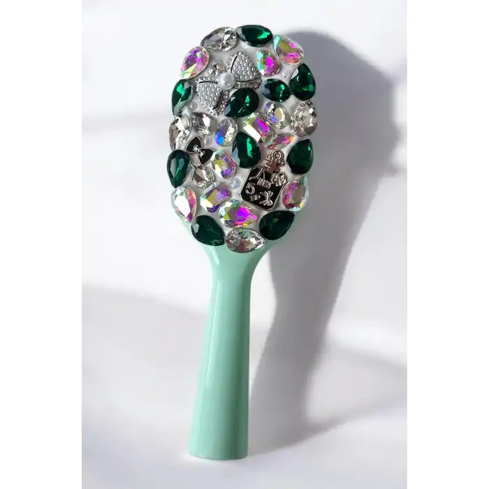 Yeşil Renk Taş Ve İnci Detaylı Saç Tarama Fırçası/ Tarak