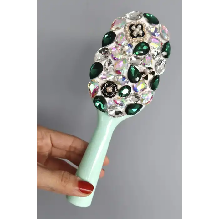 Yeşil Renk Taş Ve İnci Detaylı Saç Tarama Fırçası/ Tarak