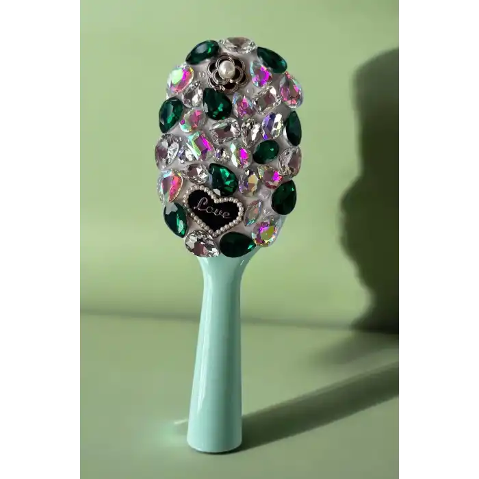 Yeşil Renk Taş Ve Love Yazılı Saç Tarama Fırçası/ Tarak