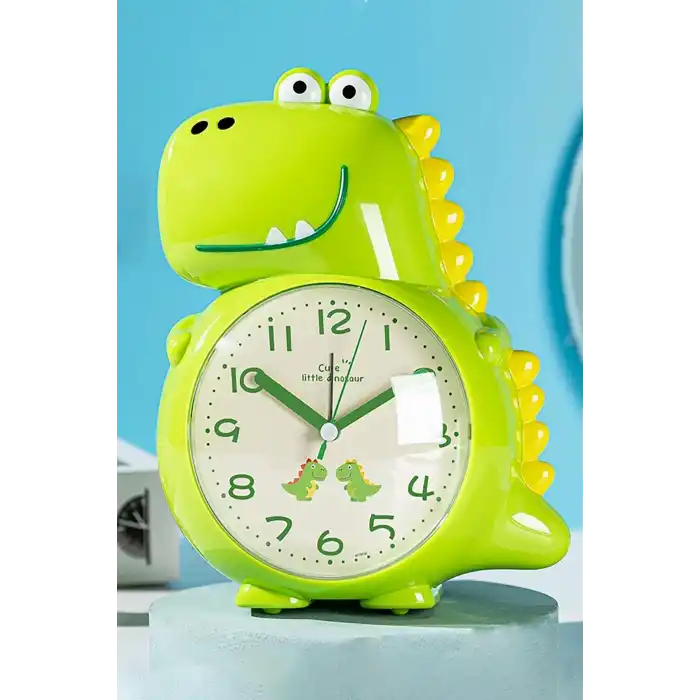 Yeşili Renk Dinazor Figürlü Dekoratif Alarmlı Masa Saati