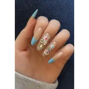 10lu Krem Ve Mavi Renk Çiçek Figürlü Taş Detaylı Takma Tırnak Set (Yapıştırıcılı)