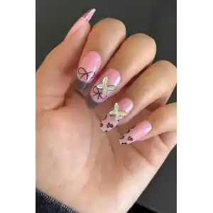 10lu Pembe Renk Taş Detaylı Takma Tırnak Set (Yapıştırıcılı)