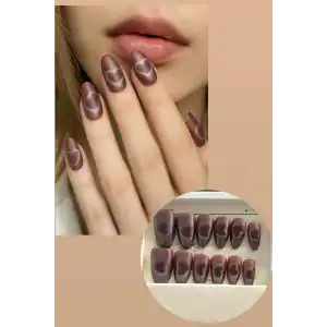 12li Bordo Renk Kalp Desenli Takma Tırnak Set (Yapıştırıcılı)