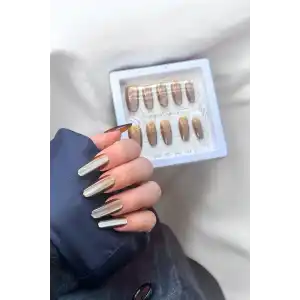 12li Kahverengi Jel Görünümlü Takma Tırnak Set (Yapıştırıcılı)