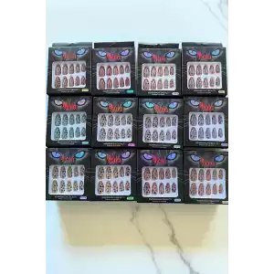 12li Karışık Renk Leopar Desenli Takma Tırnak Set