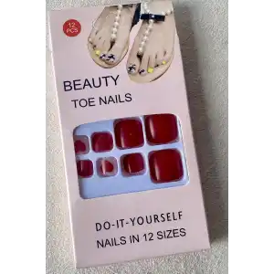 12li Kırmızı Renk Kalp Figürlü Ayak Takma Tırnak