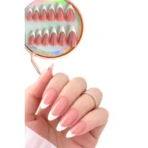 12li Krem Renk Jel Görünümlü French Takma Tırnak (Yapıştırıcılı)