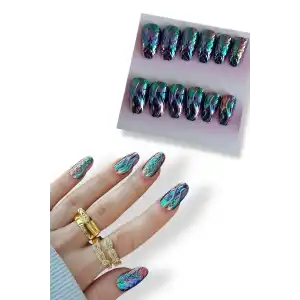 12li Mor Renk Karışık Figürlü Jel Görünümlü Takma Tırnak Set (Yapıştırıcılı)