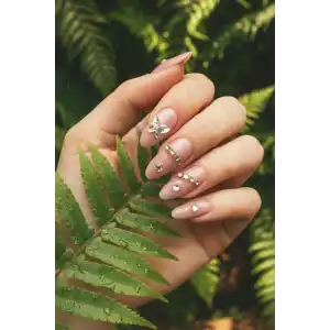 12li Nude Taş Detaylı Krem Renk Takma Tırnak Set (Yapıştırıcılı)