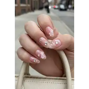 12li Pembe Renk Çiçek Detaylı Jel Görünümlü Takma Tırnak (Yapıştırıcılı)