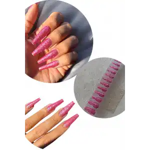 12li Pembe Renk Sim Detaylı Takma Tırnak (Yapıştırıcılı)