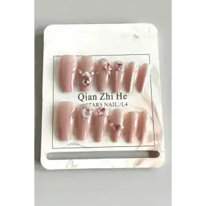 12li Pembe Renk Taş Detaylı Takma Tırnak Set (Yapıştırıcılı)