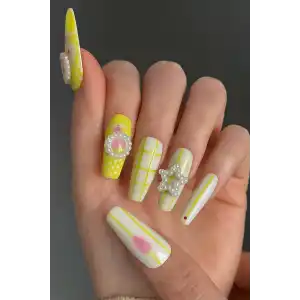 12li Yeşil Renk İnci Detaylı Takma Tırnak Set (Yapıştırıcılı)