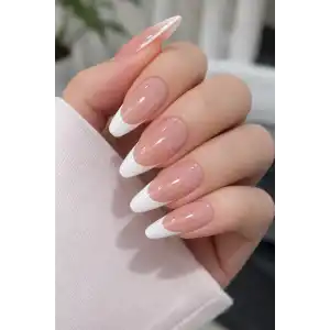 24lü Pudra Ve Beyaz Renk Jel Görünümlü Takma Tırnak (Yapıştırıcılı)