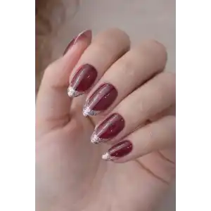 24lü Simli Ve Bordo Renk Jel Görünümlü Takma Tırnak (Yapıştırıcılı)