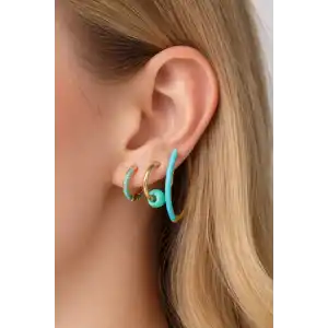 3lü Altın Renk Mavi Taş Detaylı 14K Altın Kaplama TX Küpe