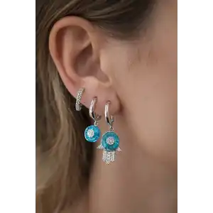 3lü Gümüş Renk Mavi Taş Detaylı 14K Altın Kaplama TX Küpe