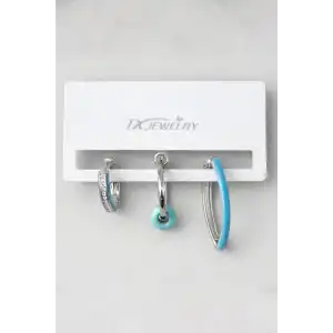 3lü Gümüş Renk Mavi Taş Detaylı 14K Altın Kaplama TX Küpe