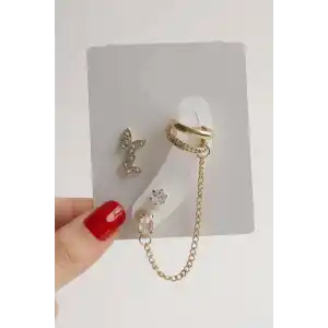 4lü Altın Renk Kelebek Figürlü Taş Detaylı Küpe Set
