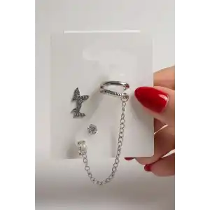 4lü Gümüş Renk Kelebek Figürlü Taş Detaylı Küpe Set