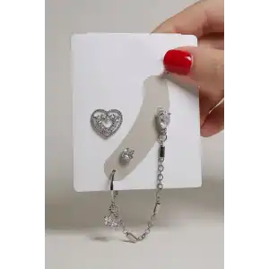 4lü Gümüş Renk Taş Detaylı Küpe Set