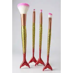 4lü Kırmızı Ve Altın Renk Balık Kuyruğu Figürlü Makyaj Fırçası Set