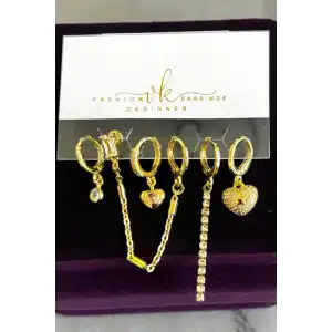 6lı Altın Renk Taş Detaylı Küpe Set