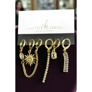 6lı Altın Renk Taş Detaylı Küpe Set