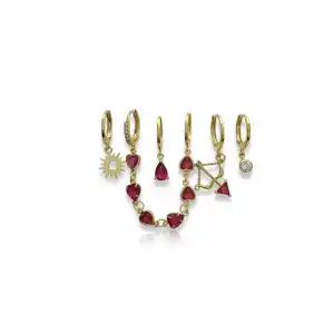 6lı Altın Renk Taş Detaylı Küpe Set