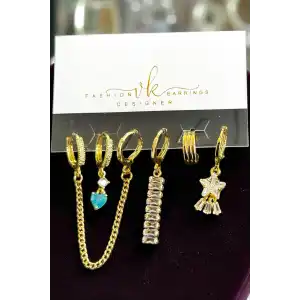 6lı Altın Renk Taş Detaylı Küpe Set