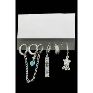6lı Gümüş Renk Karışık Figürlü Küpe Set