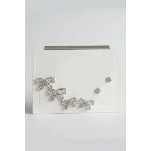 6lı Gümüş Renk Kurdele Figürlü Taş Detaylı Küpe Set